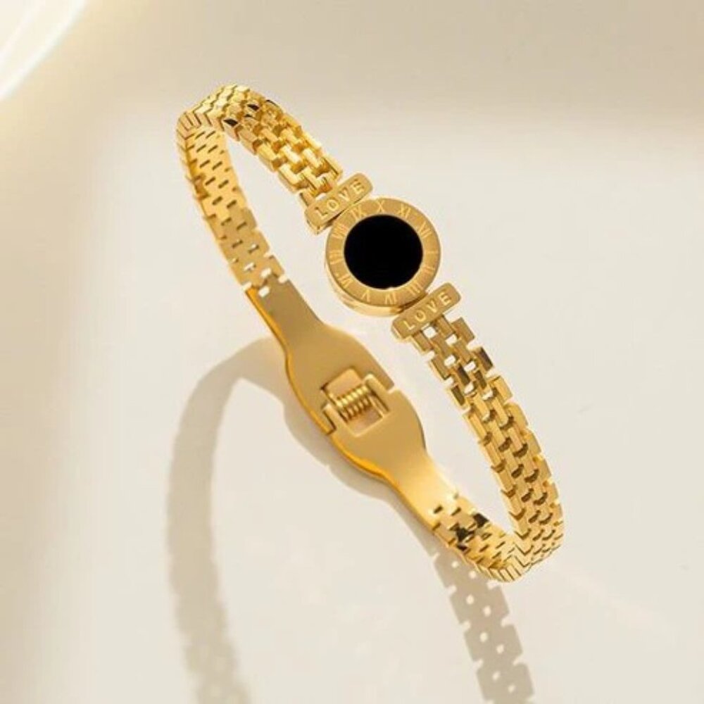 Elegant Gold and Black Bracelet, 18k Gold Plated Stainless Steel, Watch Band